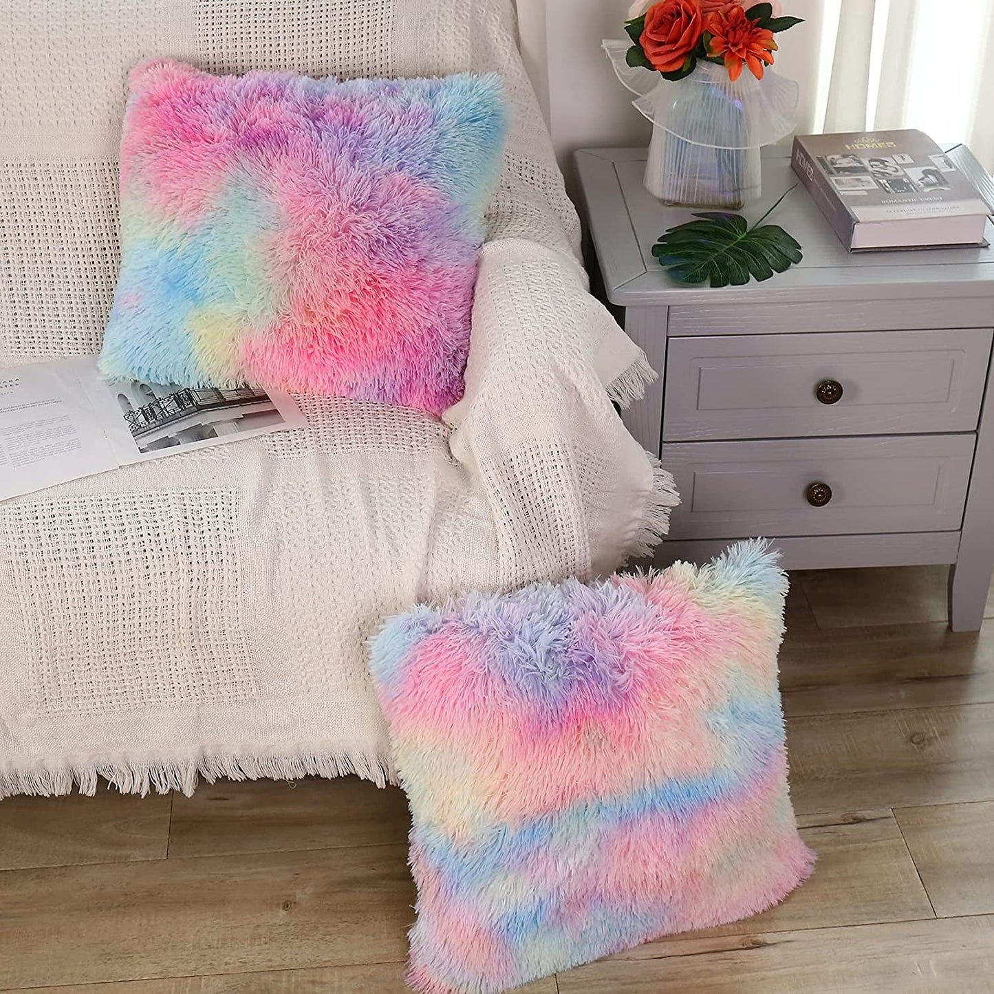 Fur Cushion Covers - Rainbow (16x16)Inches