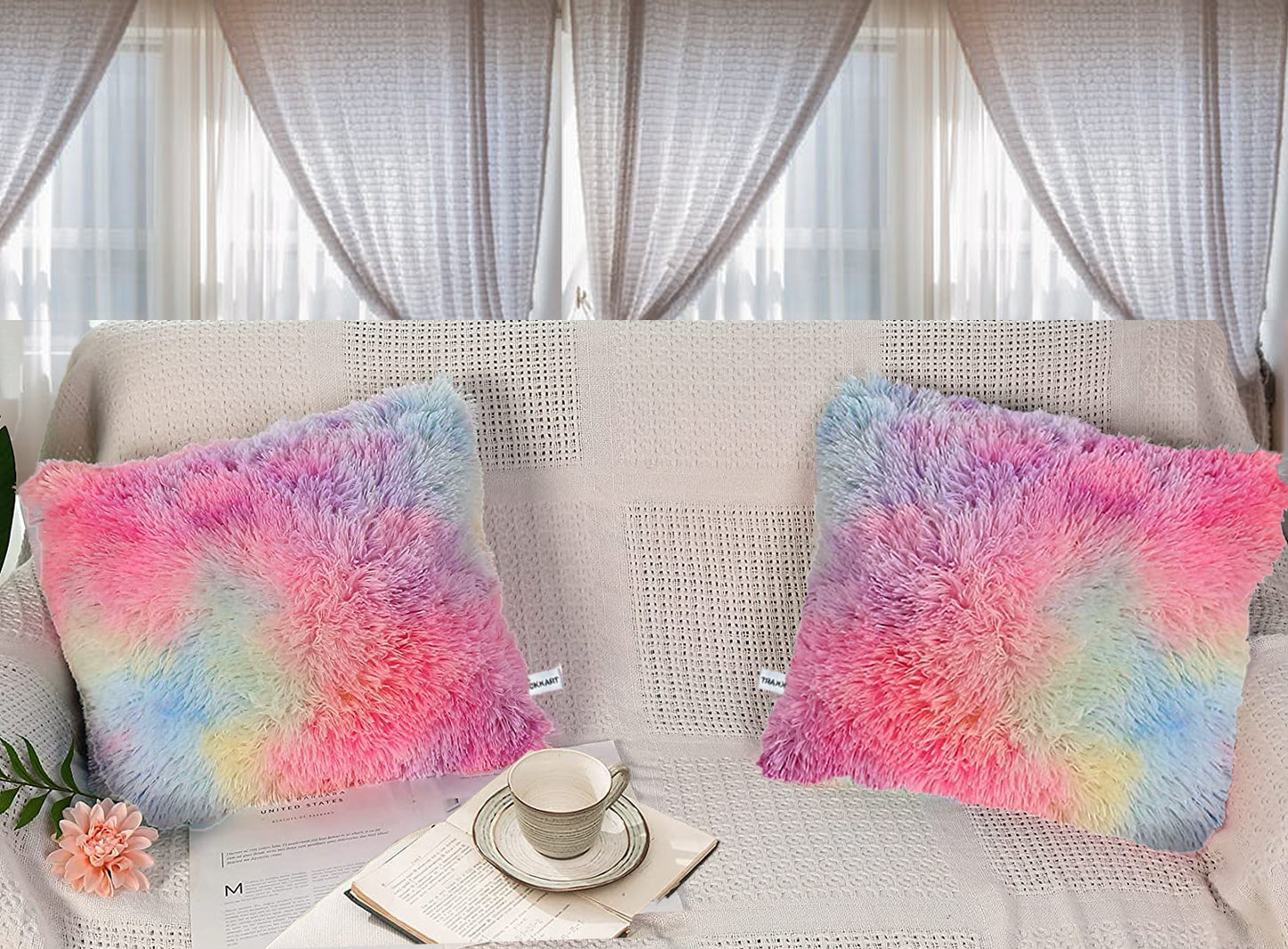 Fur Cushion Covers - Rainbow (16x16)Inches