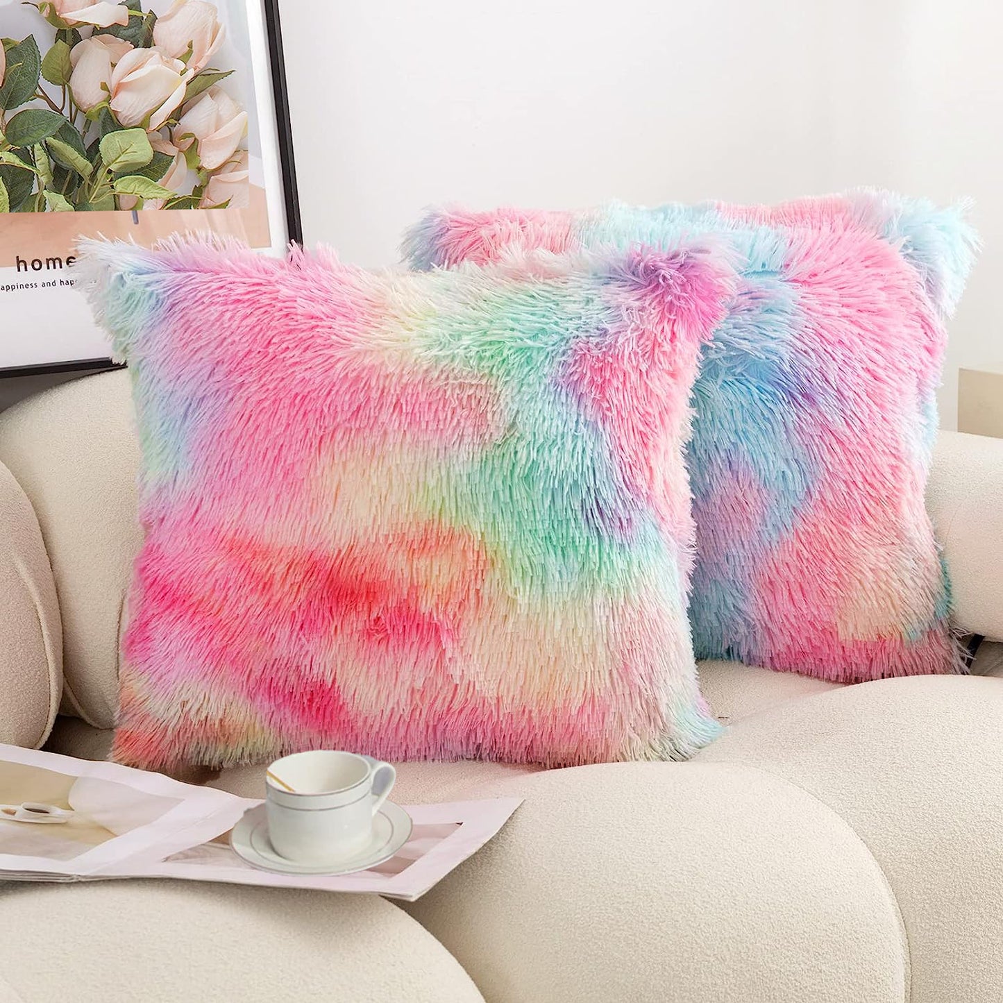 Fur Cushion Covers - Rainbow (16x16)Inches