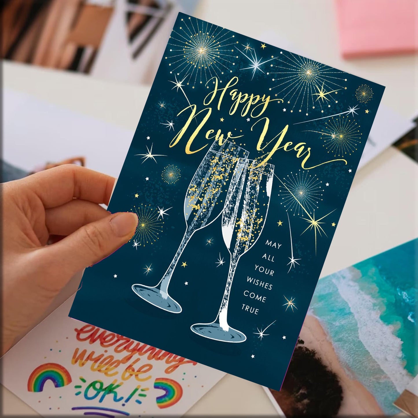 Happy New Year Welcome Greeting Card, 14 x 22 cm (Blue)