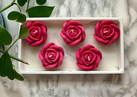 Handcrafted Rose Shaped Candles, Set of 5, Red