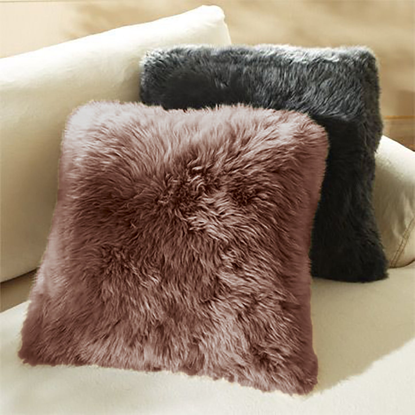 Fur Cushion Covers Set of 3 - Red Black Coffee, Size- 16x16 Inches