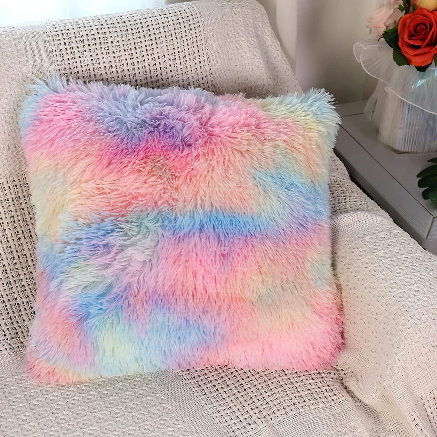 Fur Cushion Covers - Rainbow (16x16)Inches