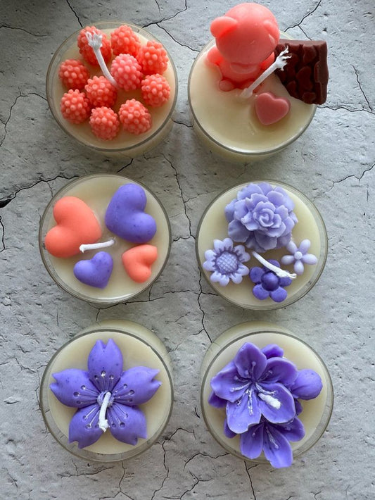 Handmade Wax Candles, Floral Shapes, Raspberry, Purple, and Heart Designs, Set of 6