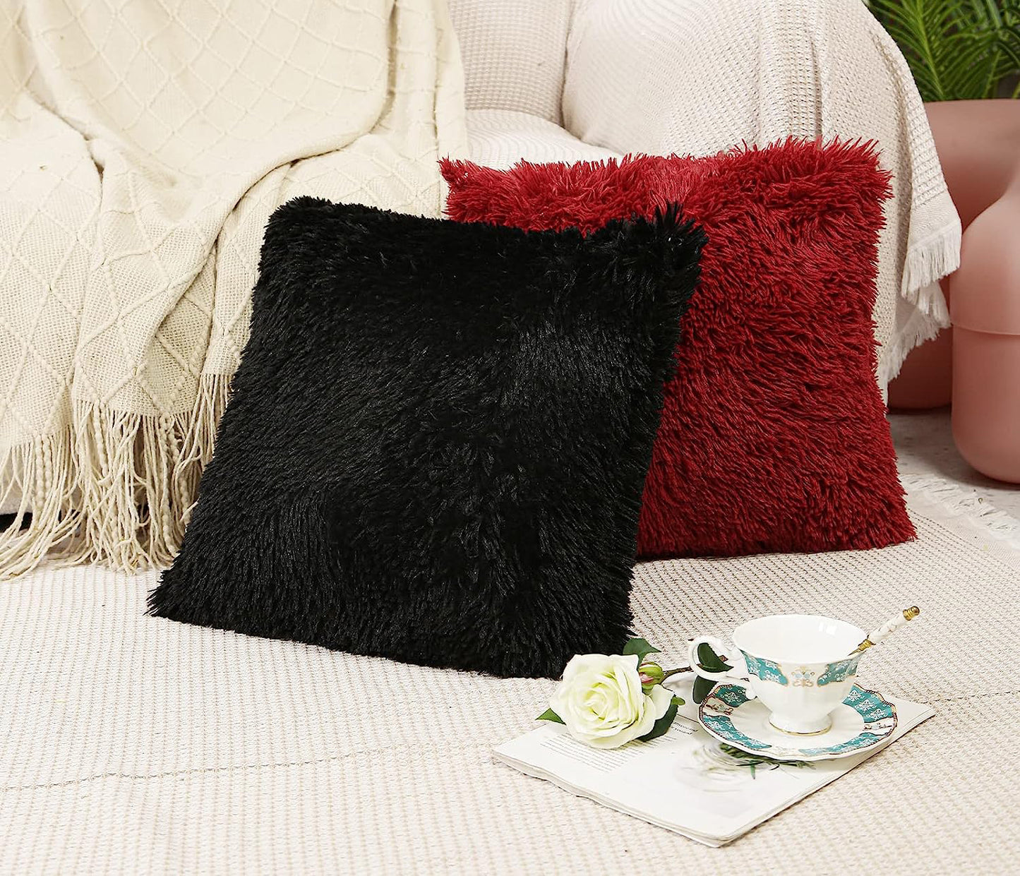 Fur Cushion Covers Set of 3 - Red Black Coffee, Size- 16x16 Inches