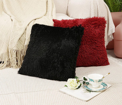 Fur Cushion Covers Set of 3 - Red Black Coffee, Size- 16x16 Inches
