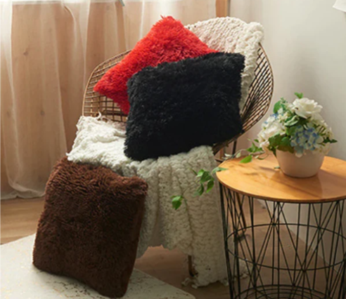 Fur Cushion Covers Set of 3 - Red Black Coffee, Size- 16x16 Inches