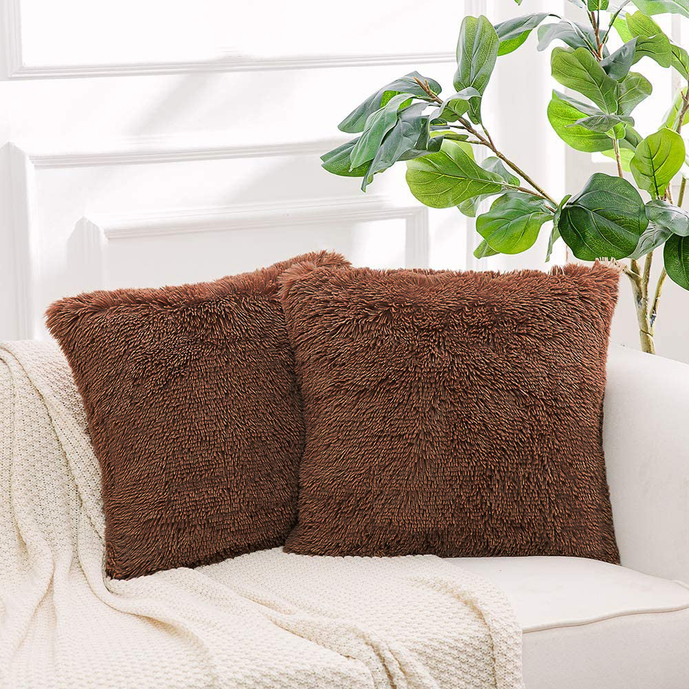 Set of 4 Faux Fur Cushion Covers - Coffee Brown - Size (16x16) Inches