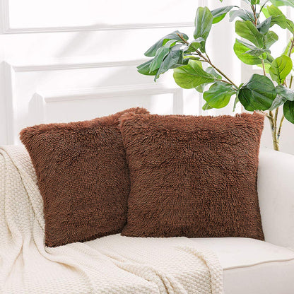 Set of 4 Faux Fur Cushion Covers - Coffee Brown - Size (16x16) Inches
