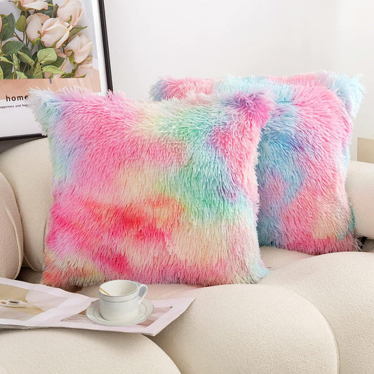 Fur Cushion Covers - Rainbow (16x16)Inches
