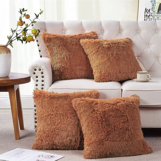 Set of 4 Faux Fur Cushion Covers - Coffee Brown - Size (16x16) Inches