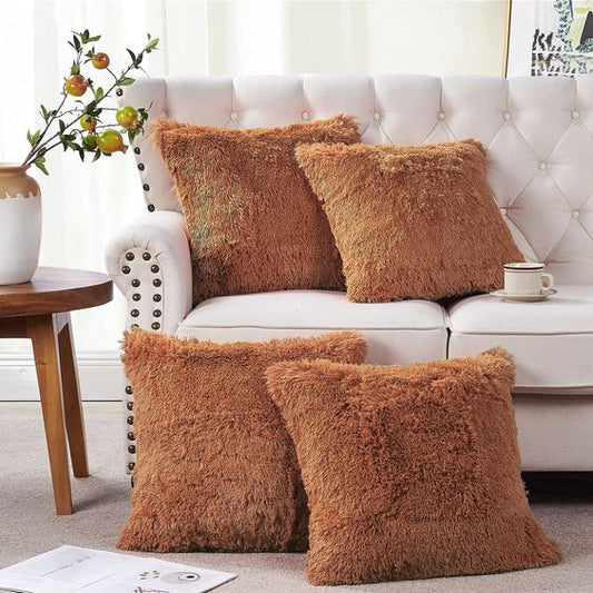 Set of 4 Faux Fur Cushion Covers - Coffee Brown - Size (16x16) Inches