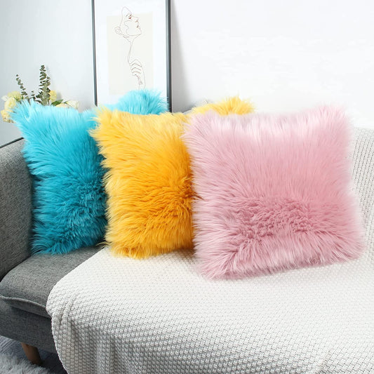 Fur Cushion Covers, Set of 3 - 16x16 Inches