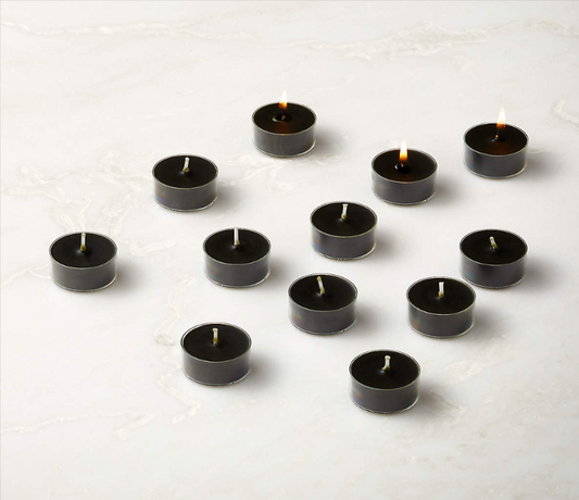 Tealight Candles, Set of 12, Black Polycarbonate Holders, 2.5 cm Diameter